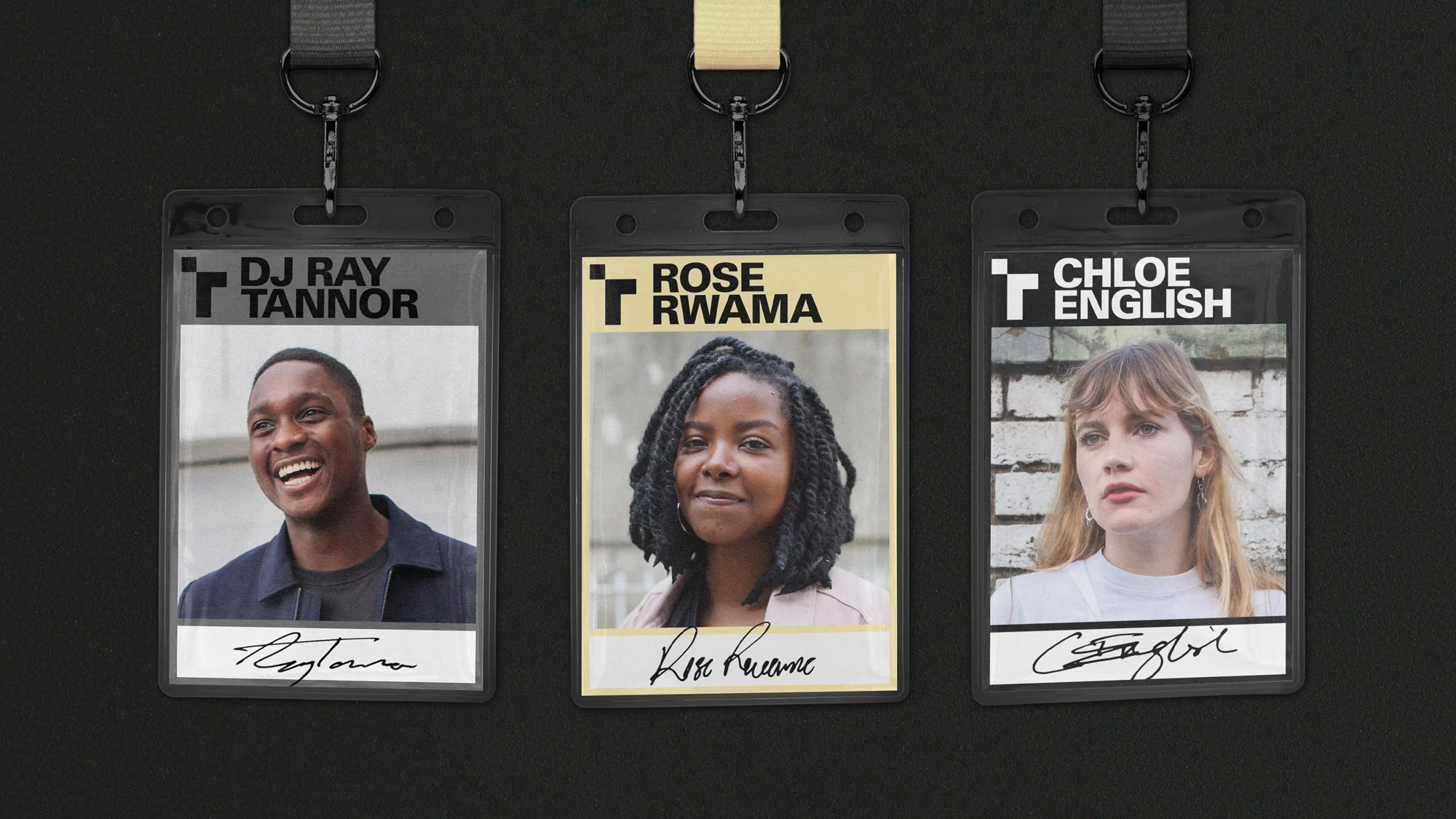Three individuals featured on conference badges: DJ Ray Tannor smiling, Rose Rwama, and Chloe English against a black backdrop.