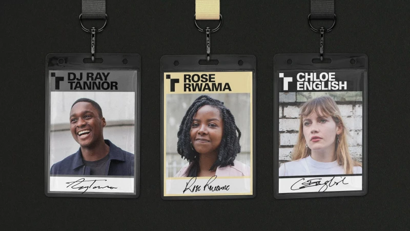 Three individuals featured on conference badges: DJ Ray Tannor smiling, Rose Rwama, and Chloe English against a black backdrop.