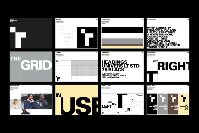 Brand guideline design featuring the letter T and a grid layout with typography, color swatches, and photography examples on black backdrop.