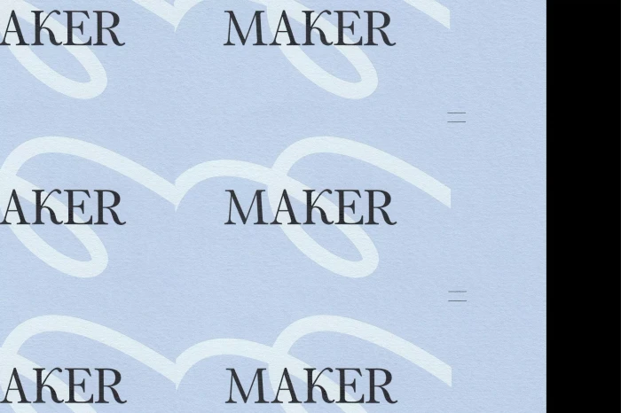 Light blue graphic pattern featuring repeating black serif Maker typography and abstract white curving lines.