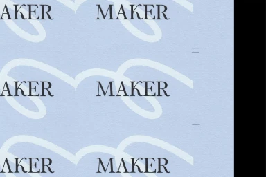 Light blue graphic pattern featuring repeating black serif Maker typography and abstract white curving lines.