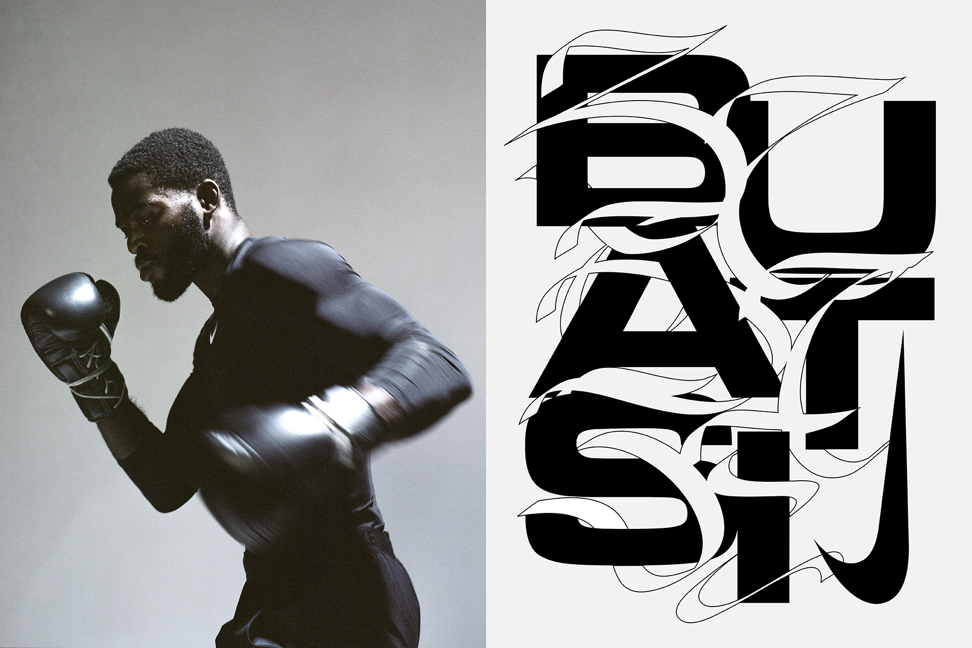 An African American man in boxing gloves and athletic wear poses against a light grey background. A typography graphic appears on the right.