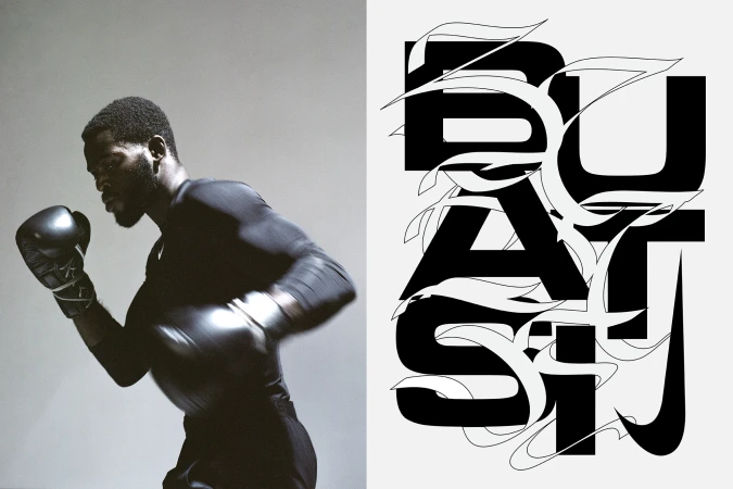An African American man in boxing gloves and athletic wear poses against a light grey background. A typography graphic appears on the right.