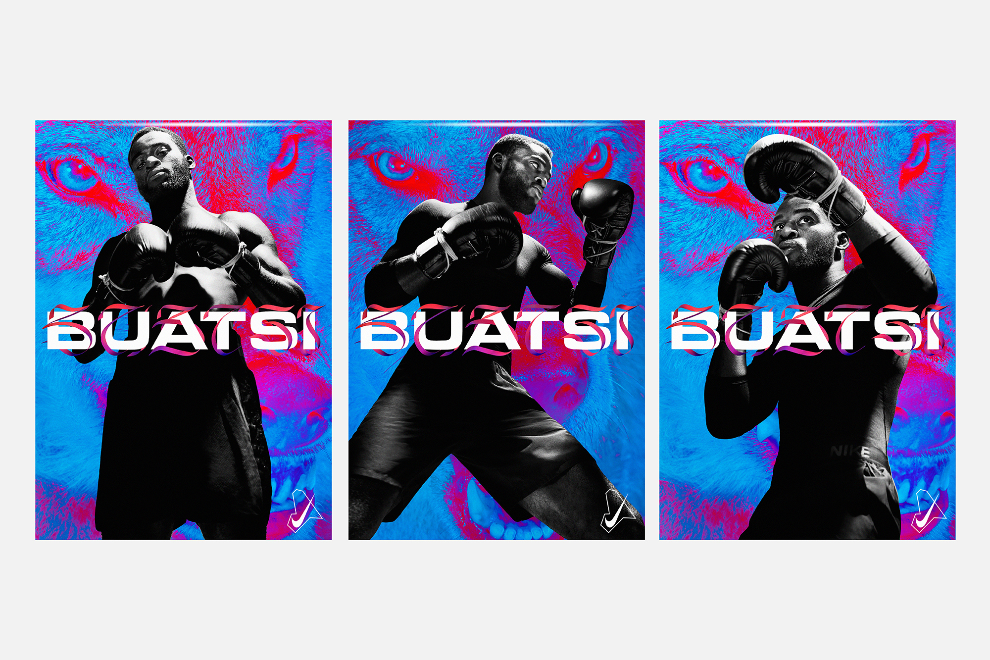 Three-panel image features a muscular Black man boxing against a vivid blue and red wolf backdrop, with 'BUATSI' text overlayed.