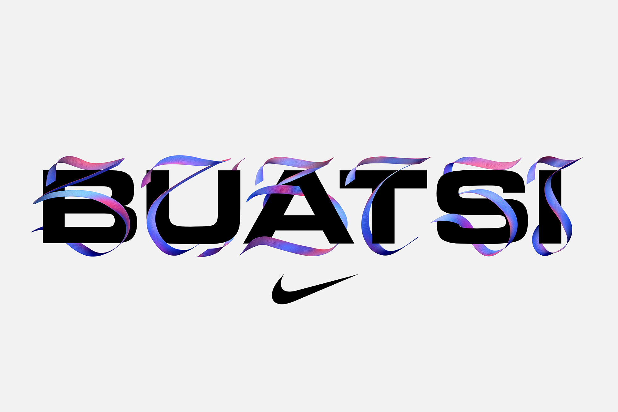 Graphic design features the word BUATSI in bold black letters with ribbon-like accents in blue and pink, and a black Nike swoosh logo.