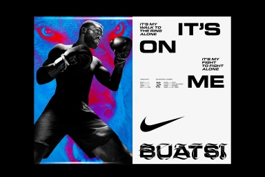 Black boxer wearing shorts and boxing gloves against a vibrant blue and red background with bold typography for Nike London.