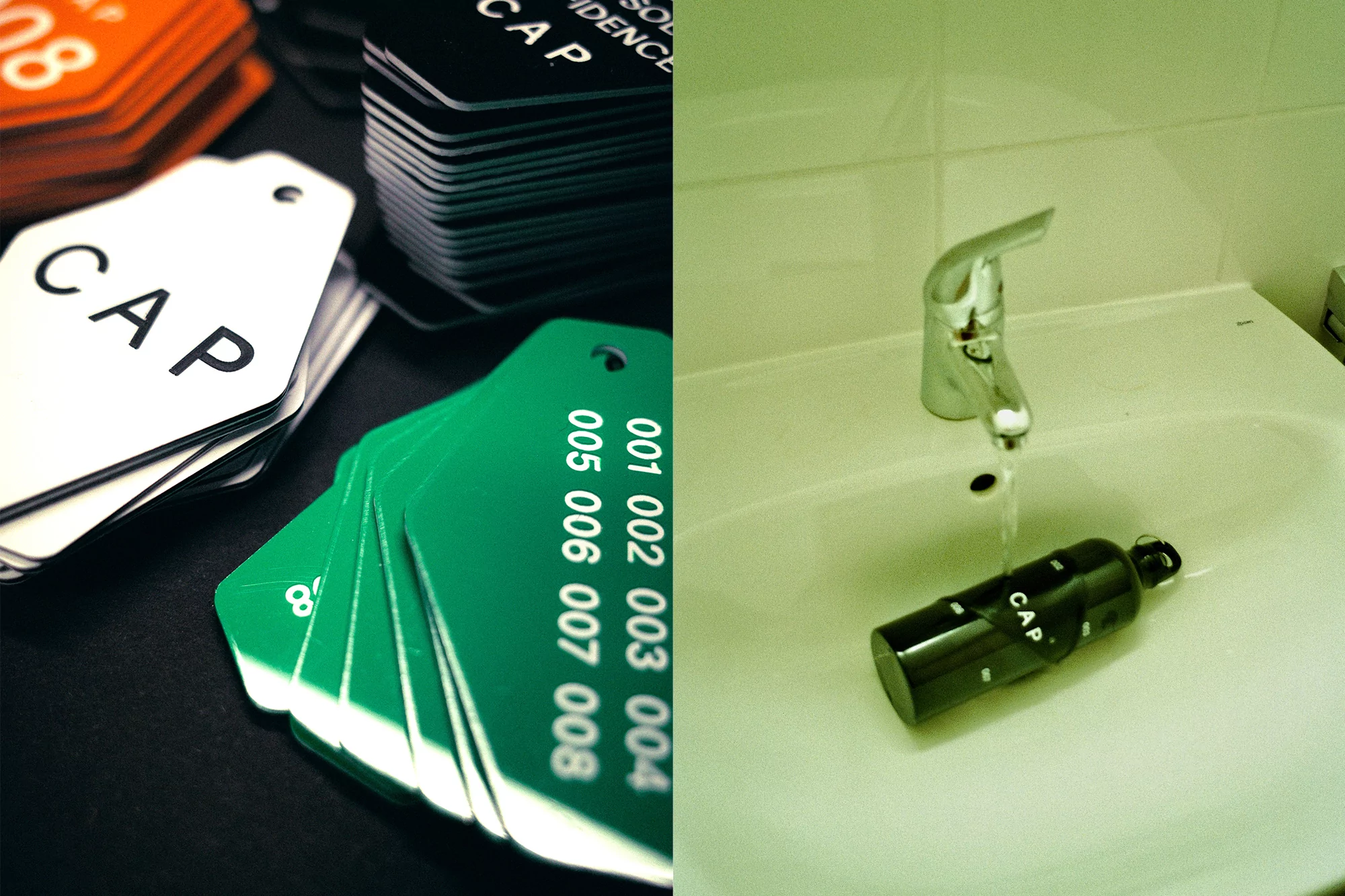 Split image showcases stacks of numbered tags with 'CAP' text and a bathroom sink with a faucet and a bottle labeled 'CAP'.