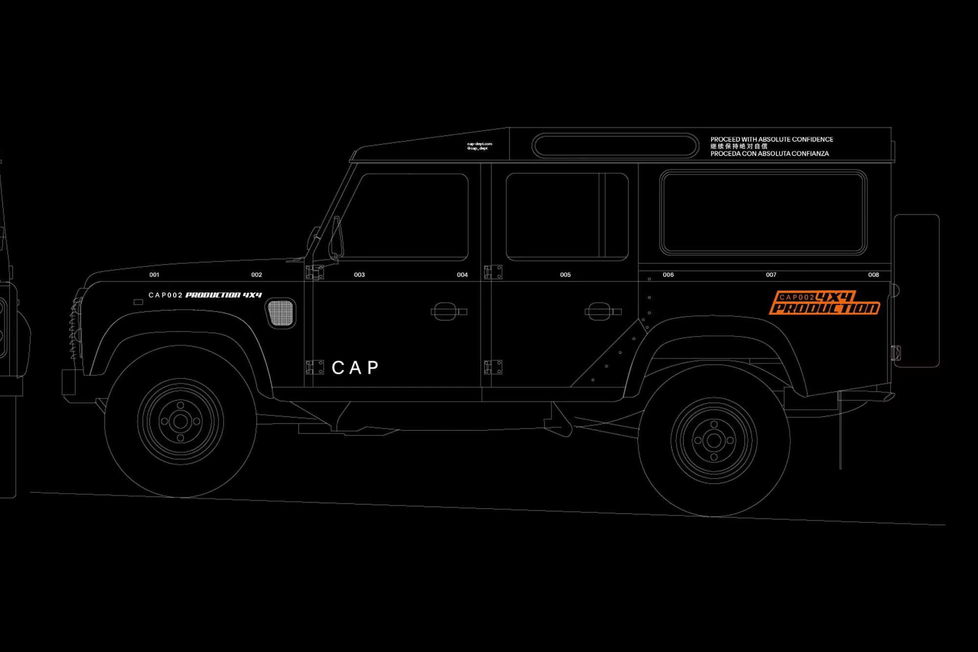 Line drawing of a CAP 4x4 production vehicle in white against a black background, presented in a technical illustration style.
