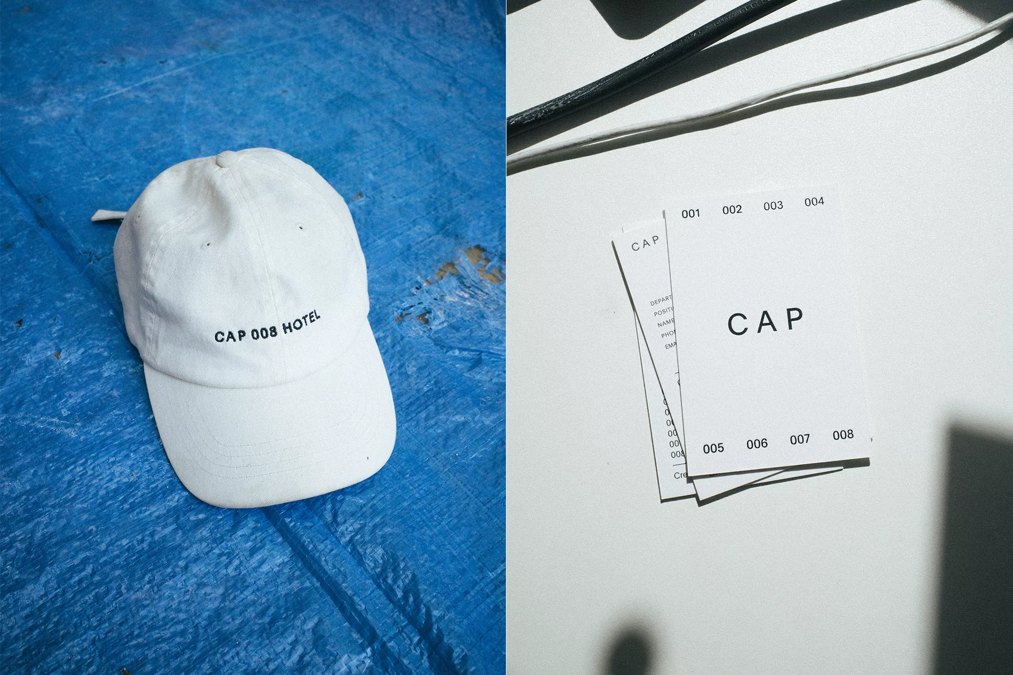 White baseball cap with 'CAP 008 HOTEL' text on a blue textured surface, alongside cards with 'CAP' printed, against a bright white backdrop.