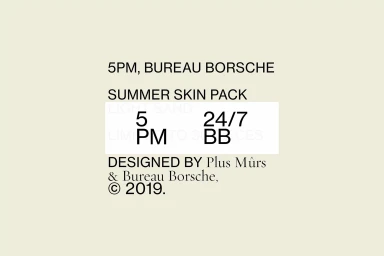 Minimalist graphic design identity for 5PM by Bureau Borsche and Plus Murs featuring black typography on a pale cream background.