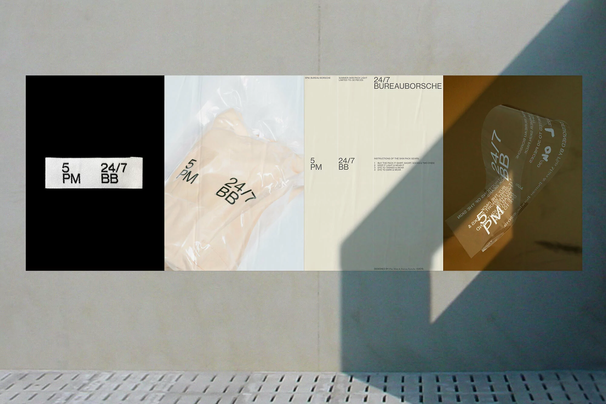 Four poster designs with '5 PM' and '24/7 BB' text, arranged on a concrete surface with sunlight and shadow, showcasing typography.