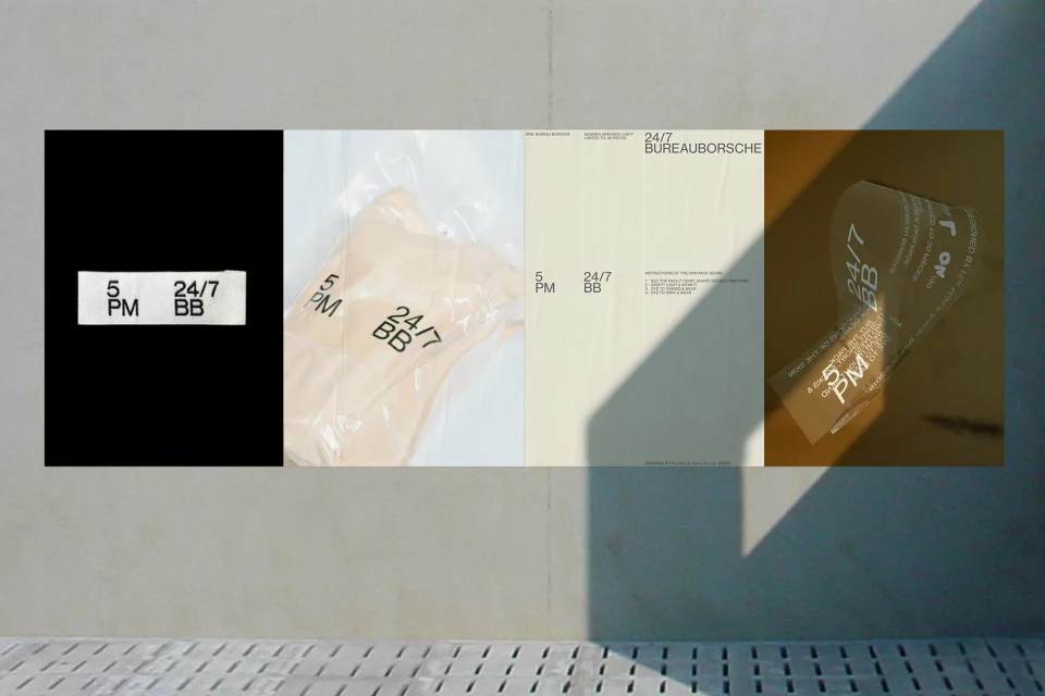 Four poster designs with '5 PM' and '24/7 BB' text, arranged on a concrete surface with sunlight and shadow, showcasing typography.