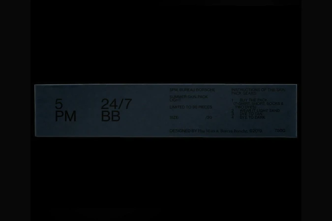 Dark gray box with '5 PM' and '24/7 BB' printed on it, along with other brand and product information text on a dark background.