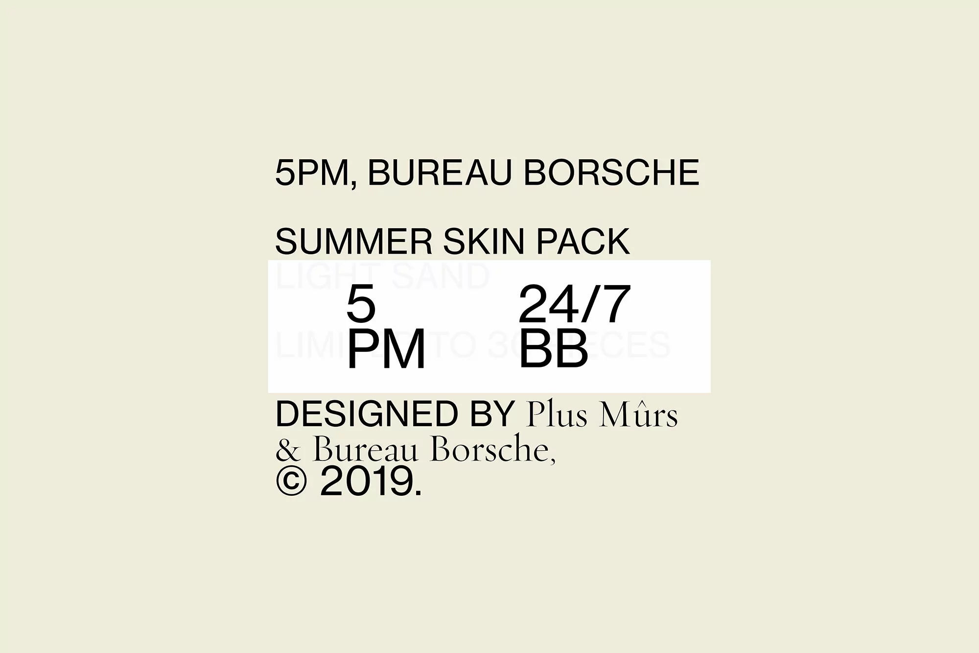 Promotional image for 5PM Bureau Borsche Summer Skin Pack featuring stylized text against a pale background. 5PM Summer Skin Pack.