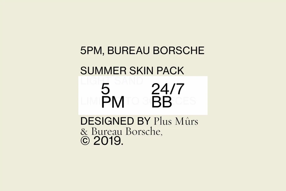 Promotional image for 5PM Bureau Borsche Summer Skin Pack featuring stylized text against a pale background. 5PM Summer Skin Pack.