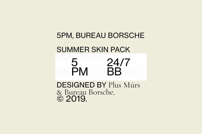 Promotional image for 5PM Bureau Borsche Summer Skin Pack featuring stylized text against a pale background. 5PM Summer Skin Pack.