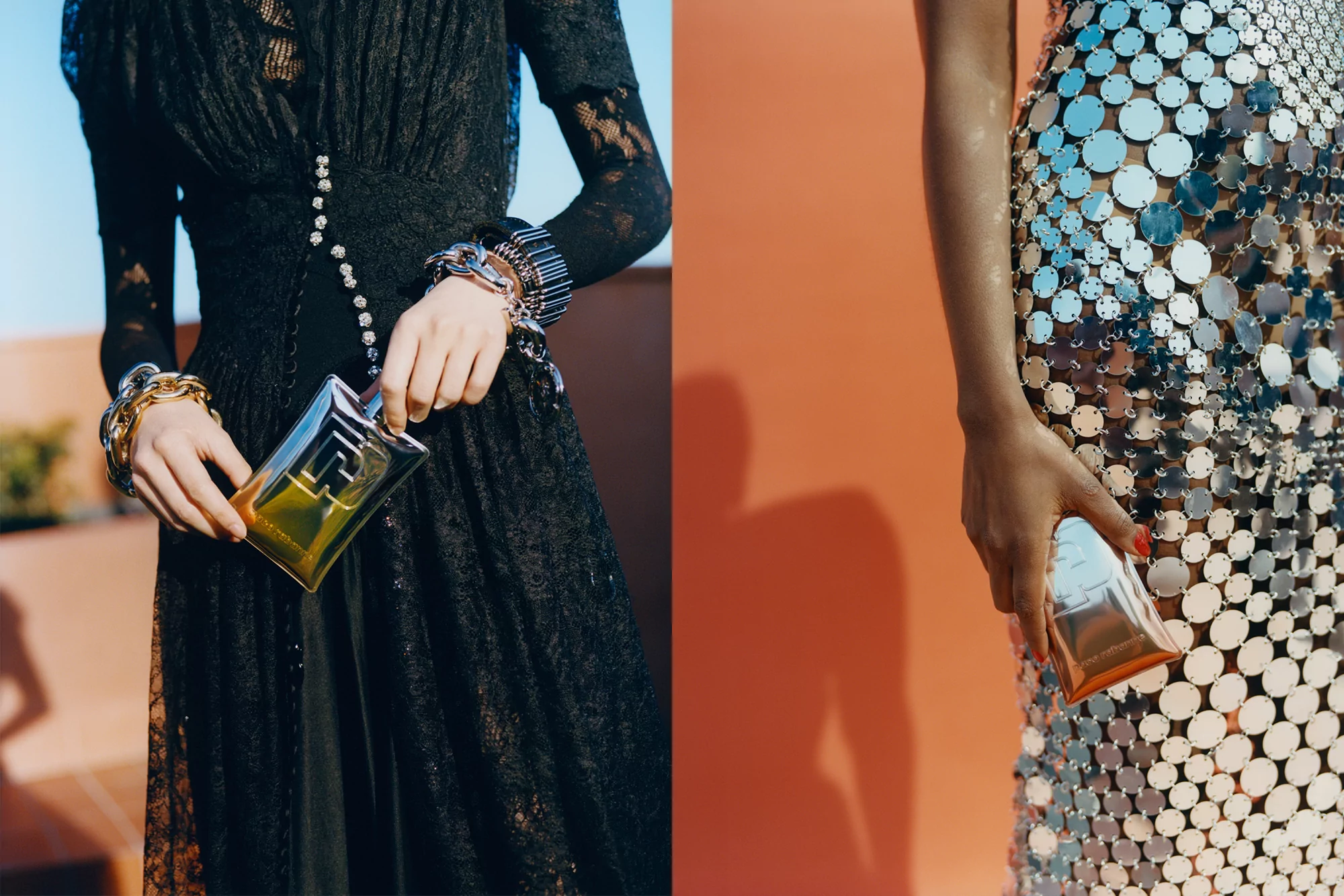 Close-up of two adult women holding silver and gold clutch purses in a fashion studio, wearing shiny dresses and silver jewelry.