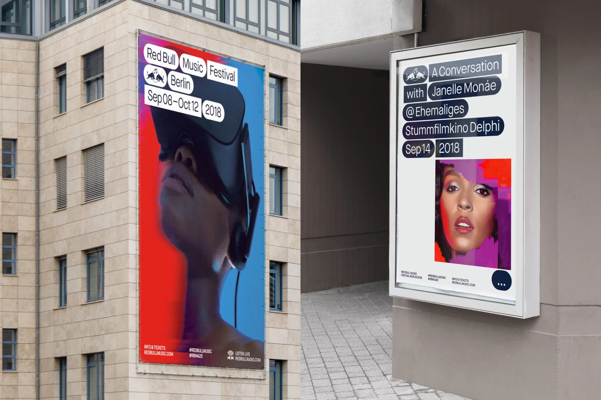 Billboard advertising the Red Bull Music Festival in Berlin, along with a poster for a Janelle Monáe event, displayed outdoors.