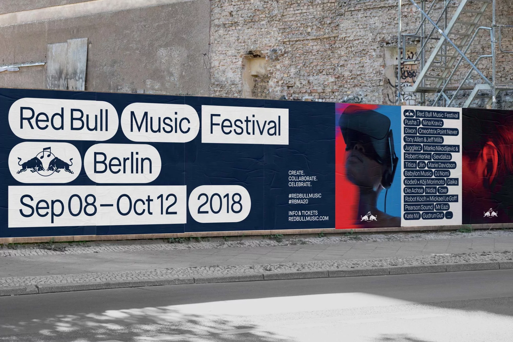 Red Bull Music Festival ad displayed on a gray concrete wall in Berlin, Germany with the event dates of September 8 to October 12, 2018.