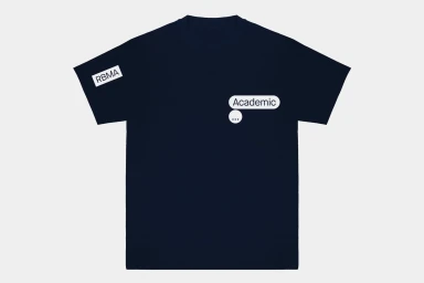 Navy blue short-sleeve t-shirt with white graphic text prints against a clean light grey background