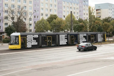 Black and yellow Red Bull Music Festival Berlin tram passing a multi-story residential building on a city street.
