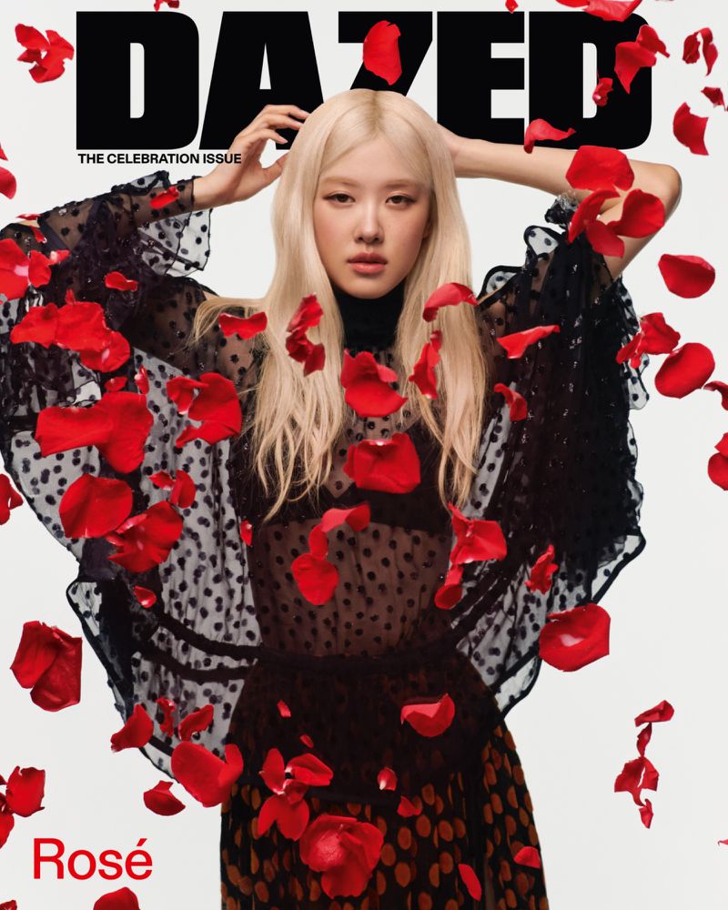 Magazine cover featuring a blonde woman in a black polka dot dress, surrounded by red rose petals, with 'Dazed' and 'Rosé' text.