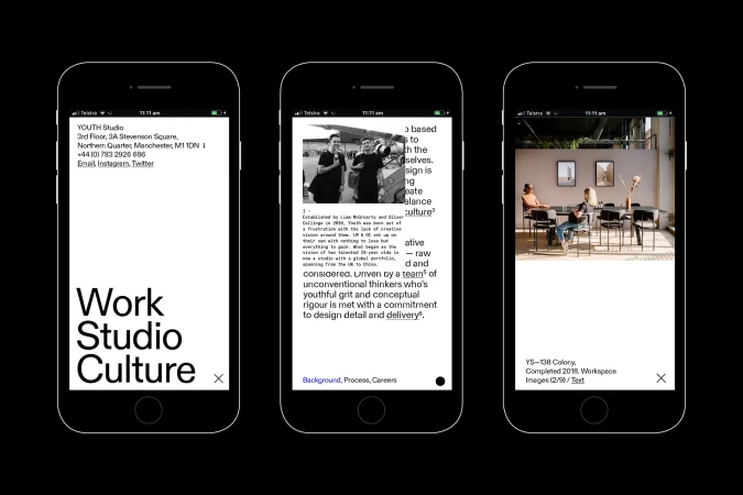 Three smartphone screens displaying images of creative studio Youth Studio, featuring office interiors and staff photos.