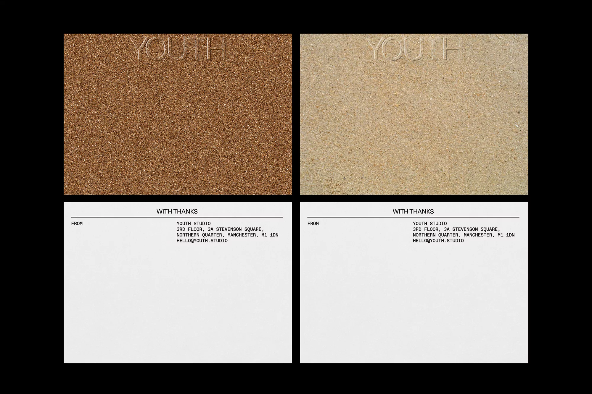 Two textured cards featuring the embossed word 'Youth' and a white card with the studio's contact information. Minimalist design.