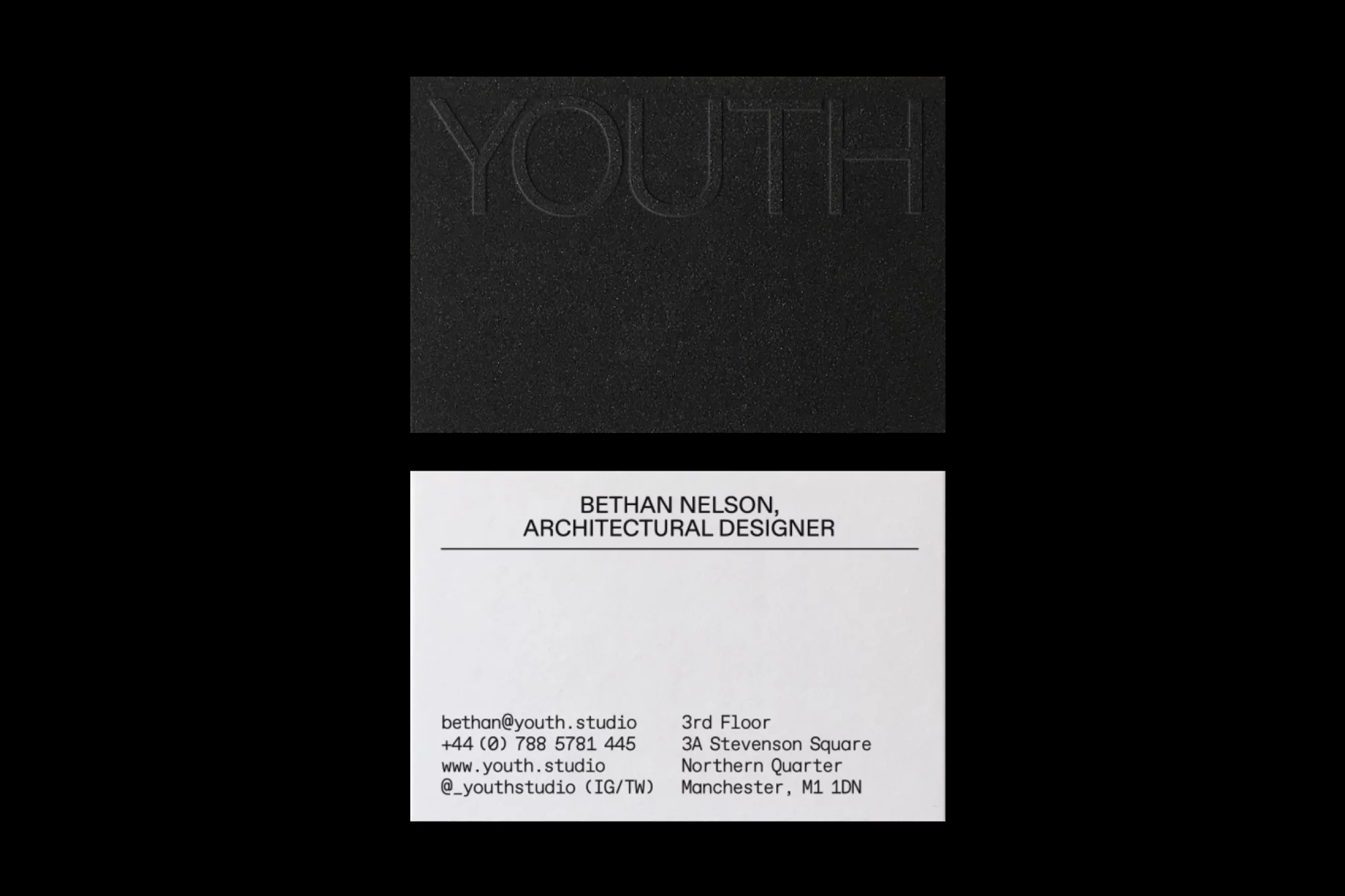 Close-up of a black card embossed with the word 'YOUTH' above a white business card for Bethan Nelson, Architectural Designer.