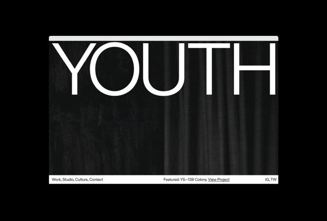 Bold typography graphic with the word 'Youth' in large white letters against a dark textured background, framed by white lines.