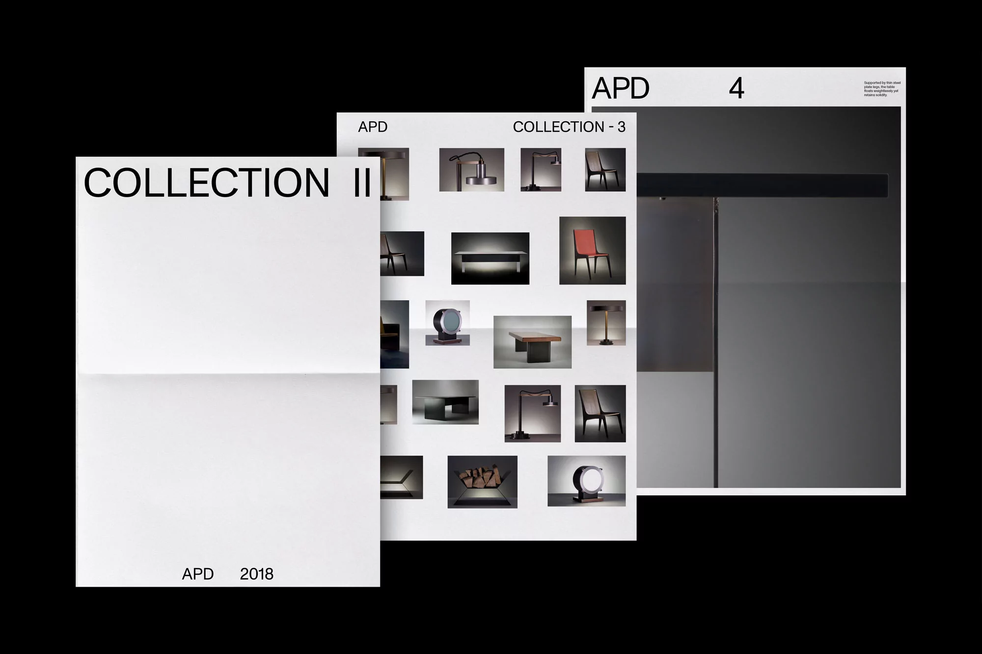 Three APD Collection catalogs: Collection II (2018), Collection 3, and Collection 4 featuring furniture photography on a black backdrop.