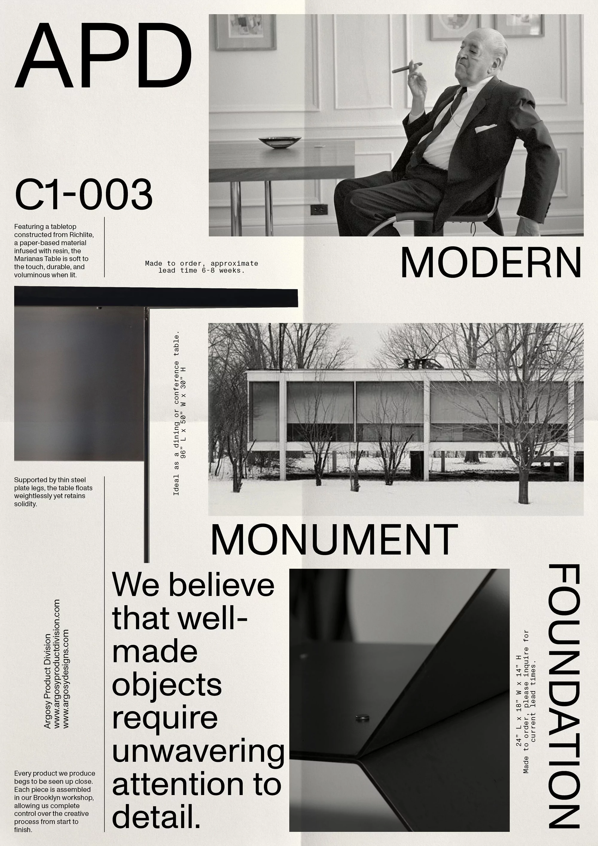 Modern architecture and furniture poster featuring a man smoking a cigar and minimalist building design in a collage style.