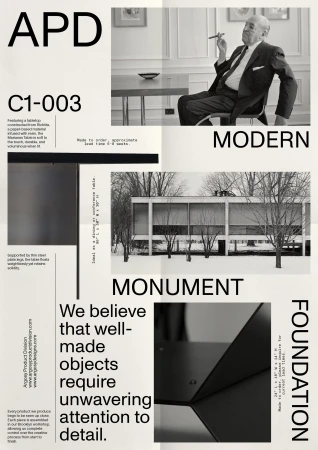 Modern architecture and furniture poster featuring a man smoking a cigar and minimalist building design in a collage style.