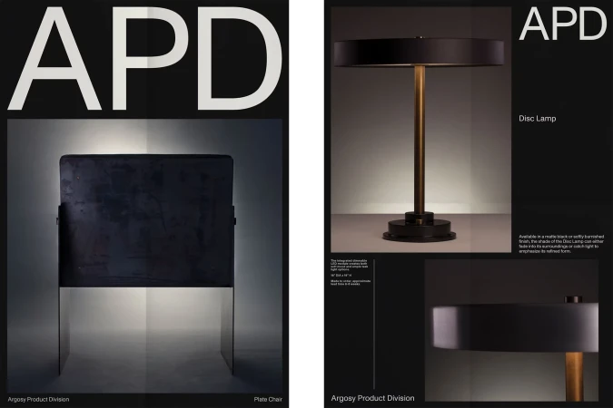 Two side-by-side images showcase minimalist furniture: a plate chair with a dark cushion and a disc lamp with a golden stem.