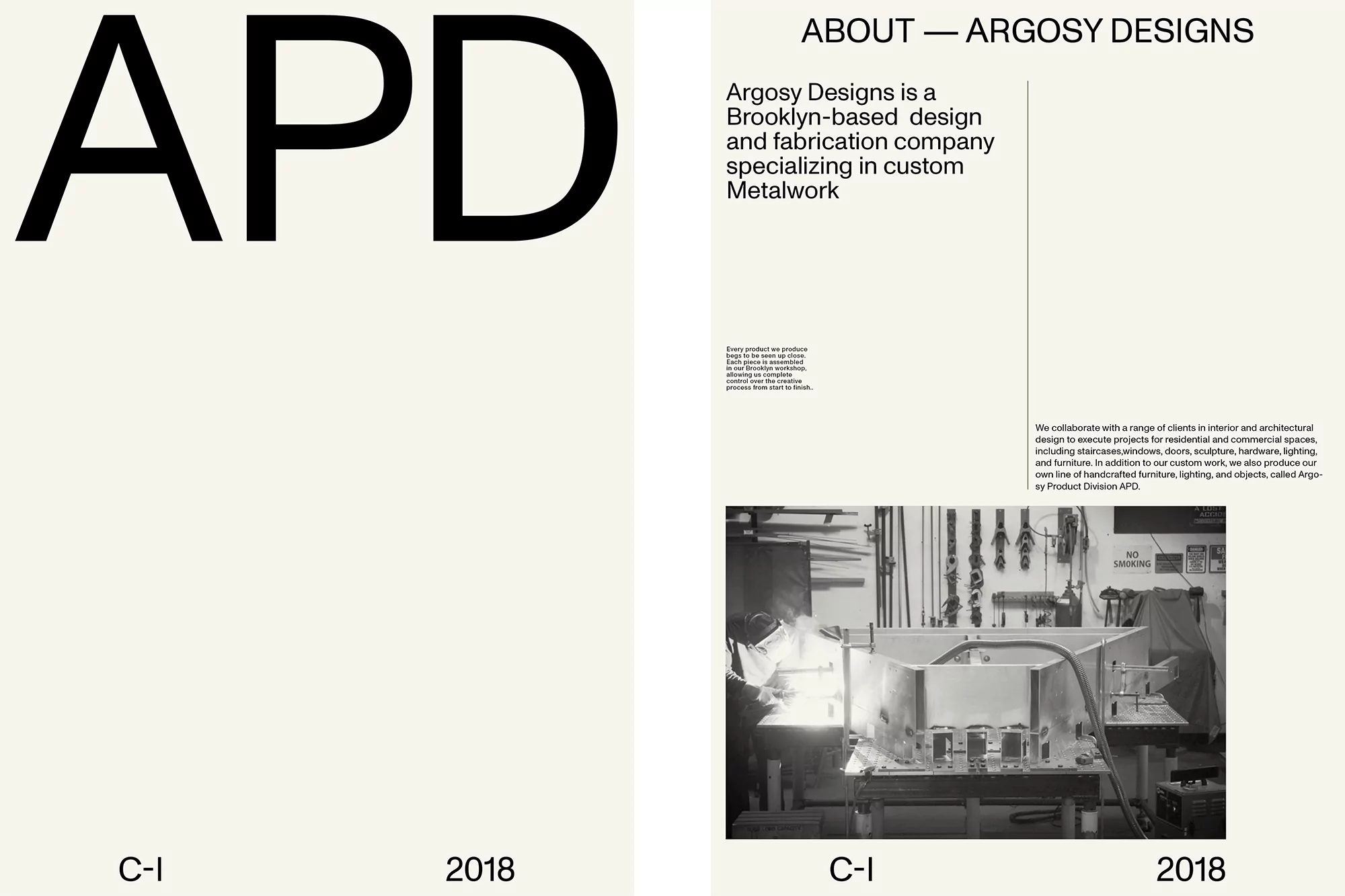 Argosy Designs advertisement featuring company information, a Brooklyn-based design firm specializing in custom metalwork, and a workshop scene.
