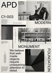 Monochrome graphic design poster featuring bold typography and multiple architectural photography panels by APD