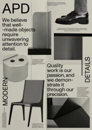 Brand identity poster for APD featuring typography, modern furniture, product details, and minimalist layout.