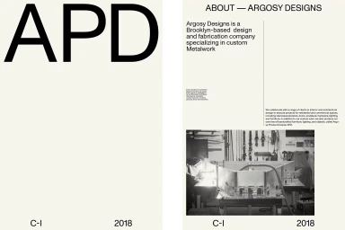 Minimalist graphic design layout featuring bold black typography reading APD and a small black and white workshop photograph