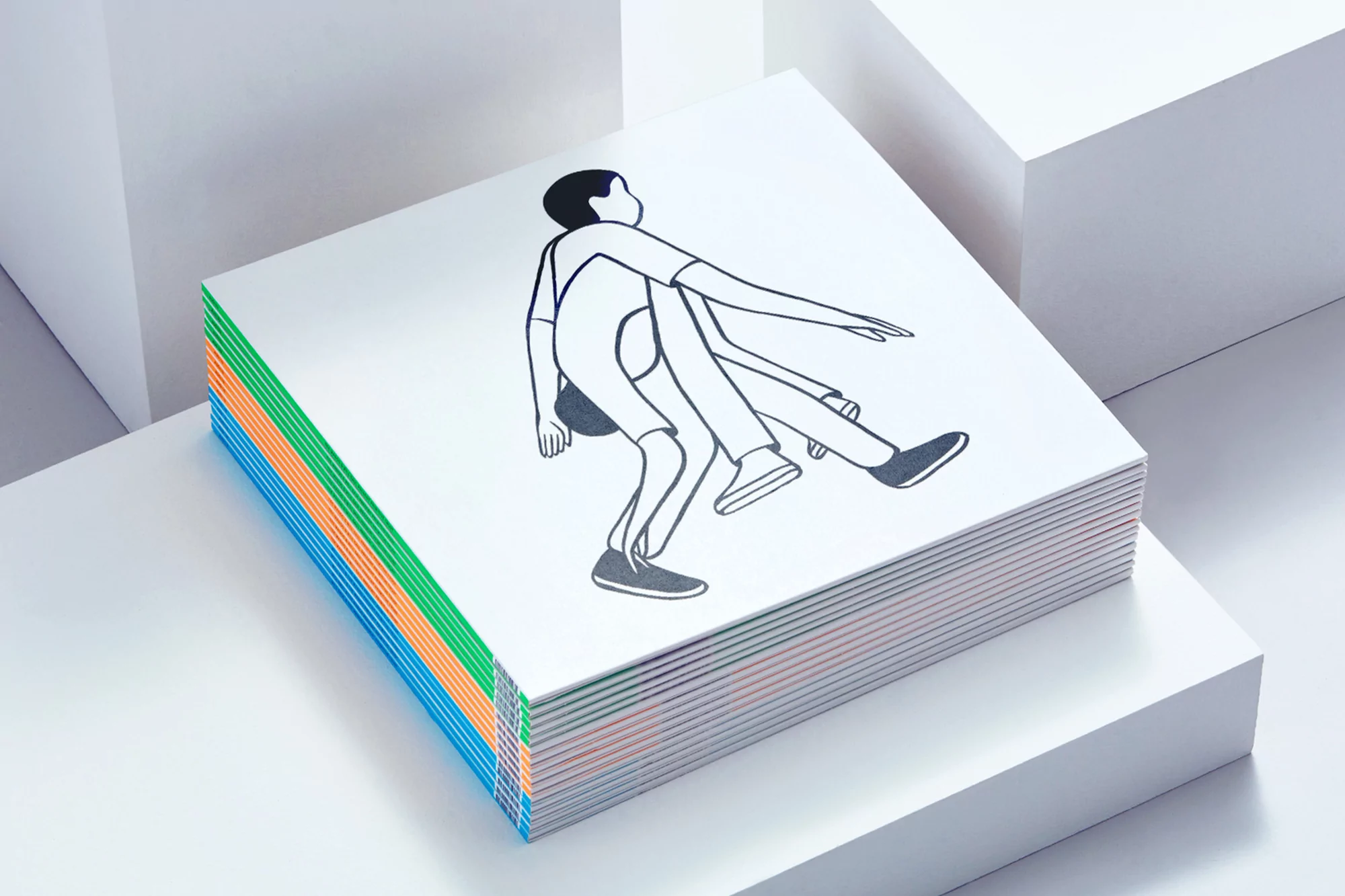 Illustration of two children piggybacking printed on stack of paper atop two white cubes in studio with bright, even lighting.