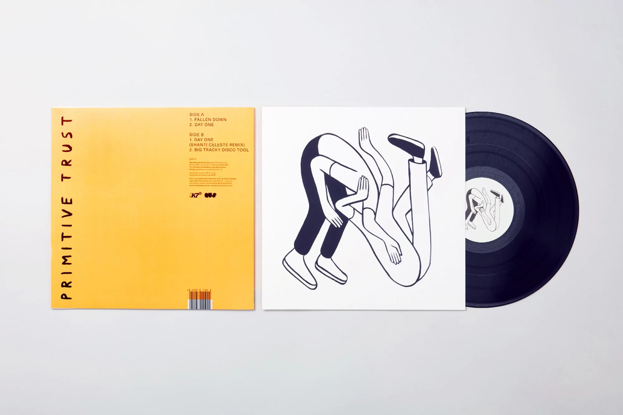 Vinyl record album featuring an abstract illustration, displayed alongside a yellow cover sleeve with the text 'Primitive Trust'.