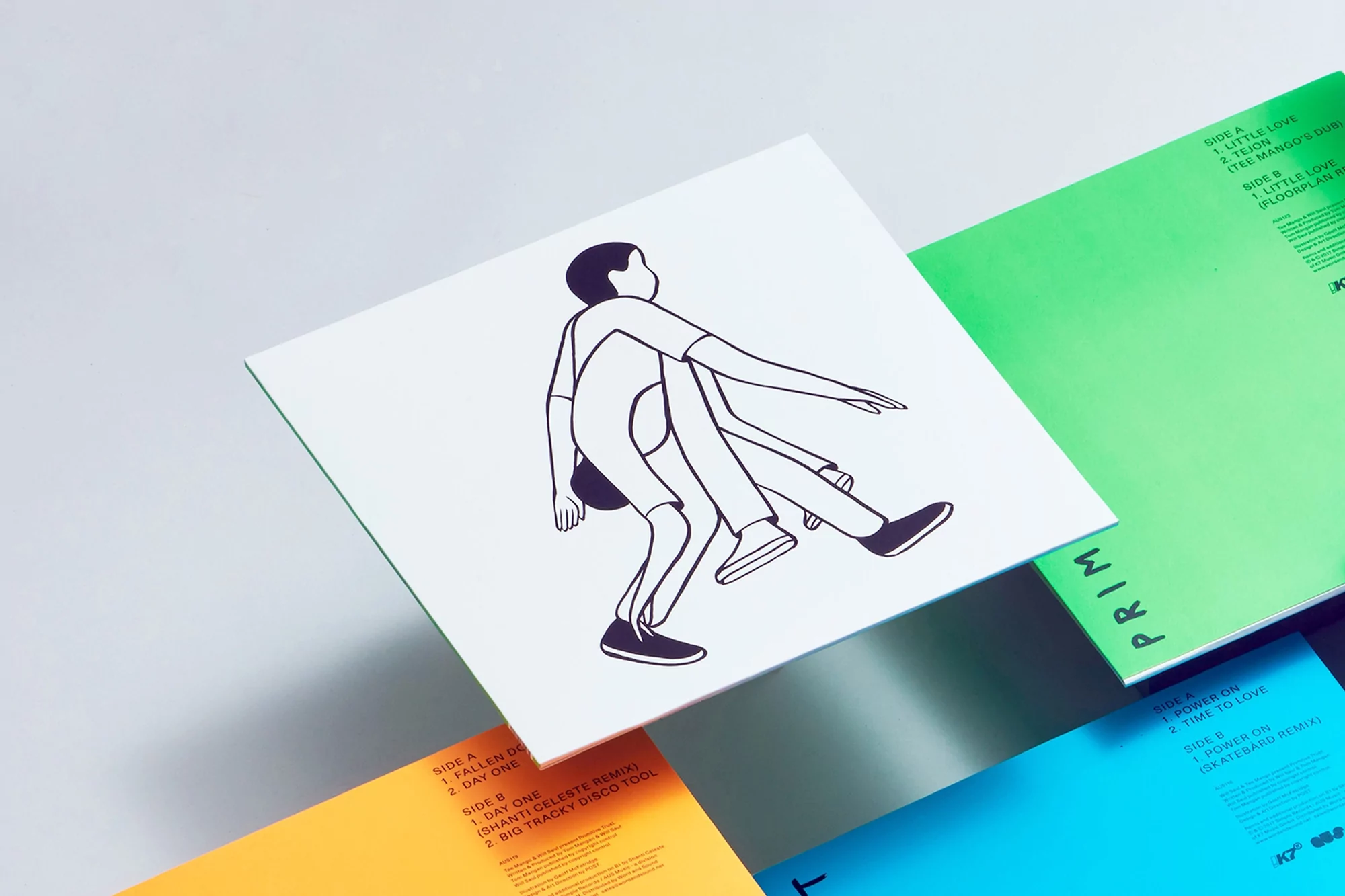 Illustration of two figures on white record cover, part of a stack with orange, green, and blue record jackets on white background.