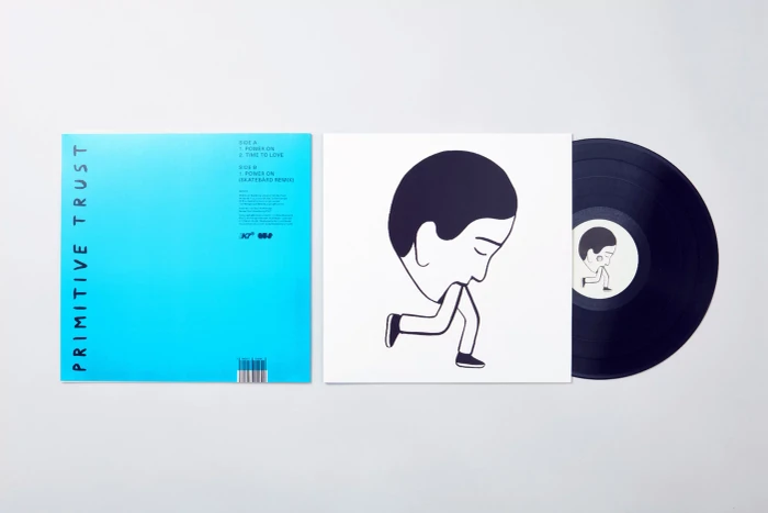 Vinyl record packaging and sleeve design with minimalist illustration and blue back cover for Primitive Trust