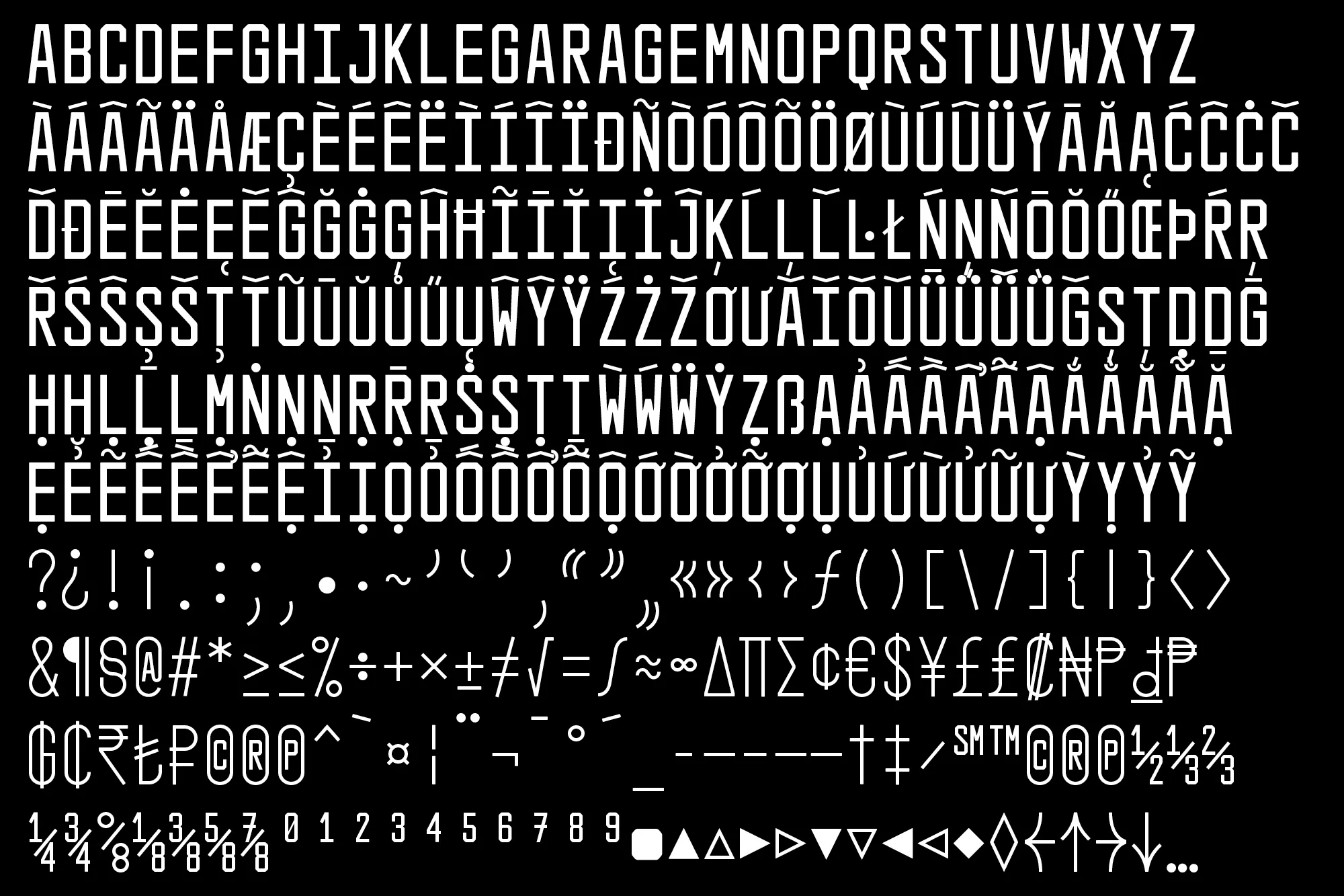Display of a typeface including upper and lowercase letters, numbers, symbols, diacritics, and punctuation, all in a clean white font against black.