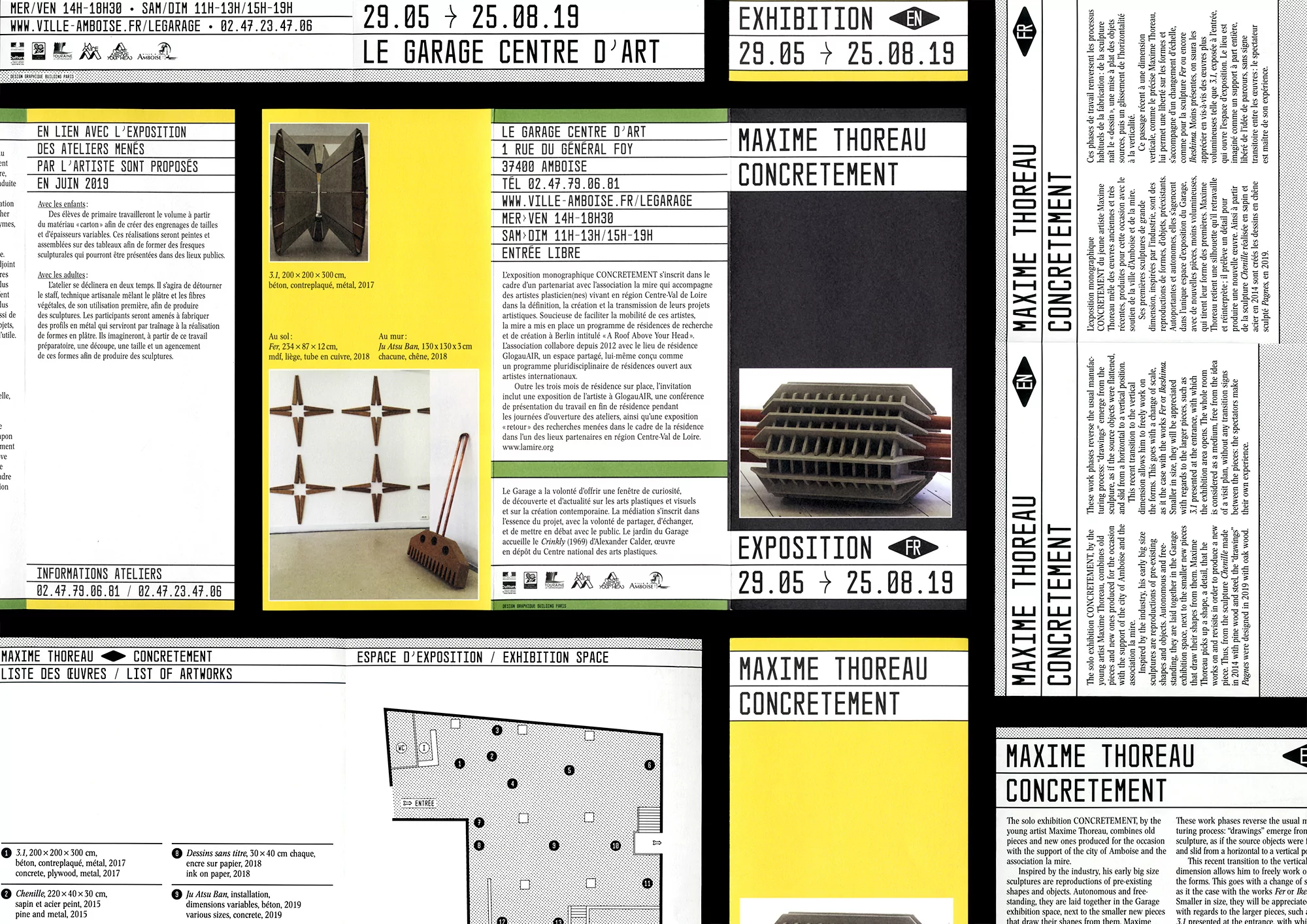 Art exhibition advertisement featuring Maxime Thoreau's 'Concrete' works, highlighting the artist's sculptures and the Le Garage Centre D'Art venue.