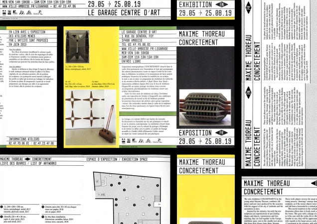 Art exhibition advertisement featuring Maxime Thoreau's 'Concrete' works, highlighting the artist's sculptures and the Le Garage Centre D'Art venue.