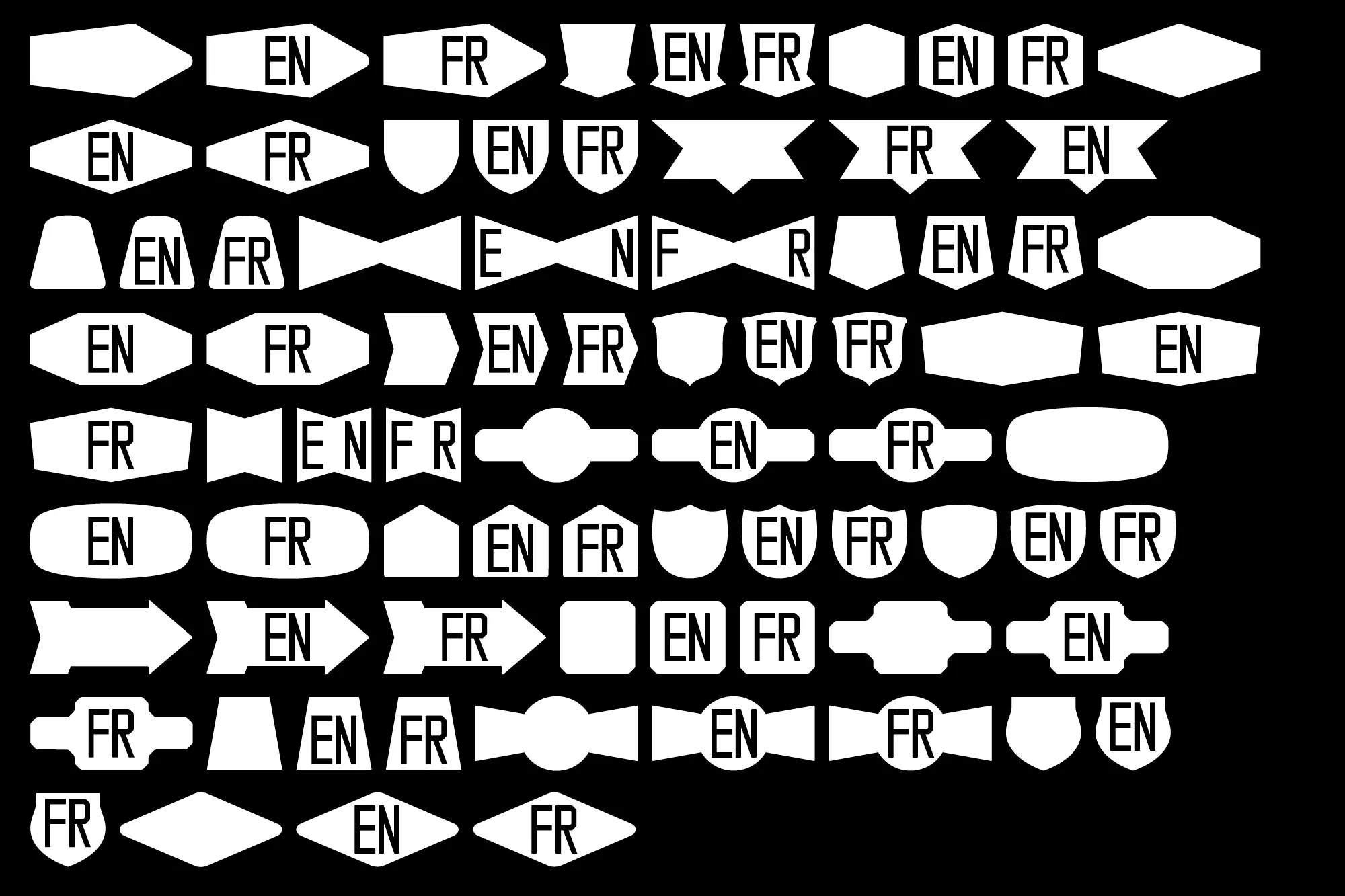 A collection of white language tags isolated on a black background, each displaying the abbreviations EN for English and FR for French.
