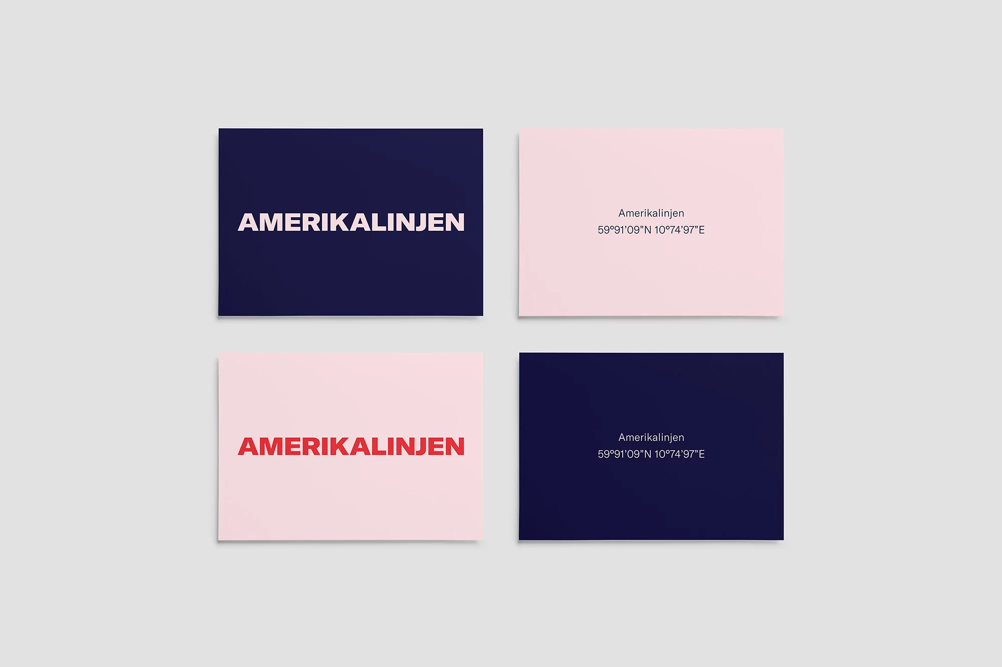 Four graphic cards display 'Amerikalinjen' and coordinates in a minimalist design against a grey backdrop, suitable for architecture or travel themes.