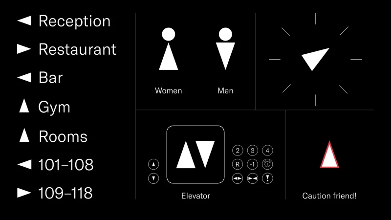 Illustrated directional signs for hotel amenities: reception, restaurant, bar, gym, rooms, and elevator, plus gender-neutral restrooms.