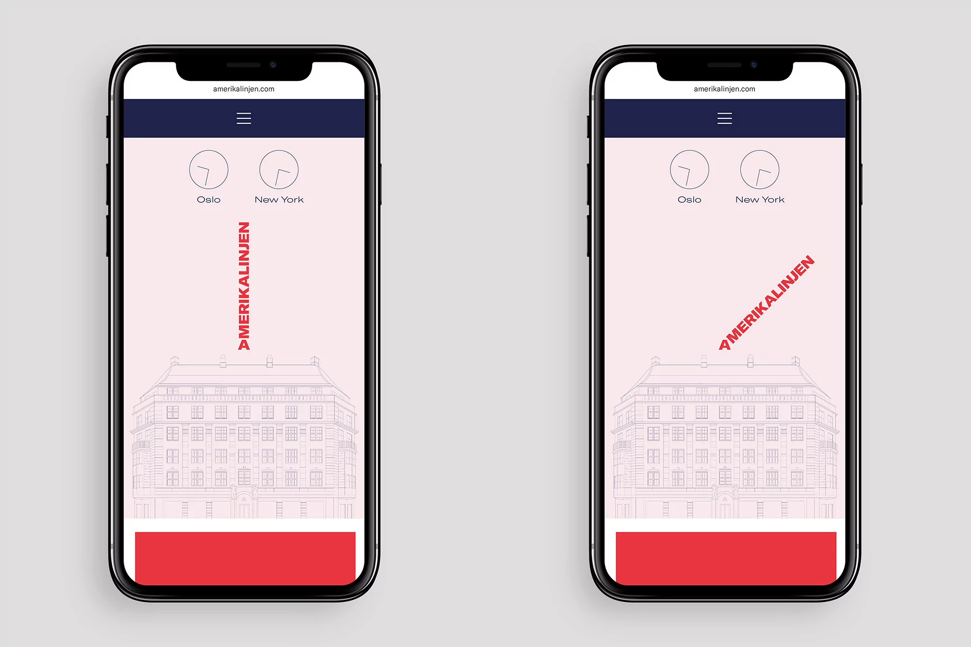 Digital rendering of two smartphones displaying a website design with building illustration and a red, white, and blue color palette.