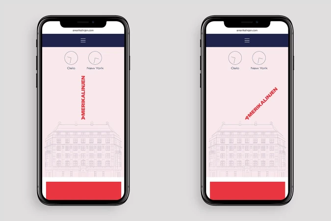 Digital rendering of two smartphones displaying a website design with building illustration and a red, white, and blue color palette.